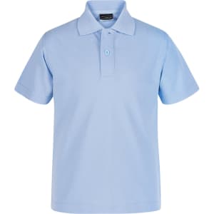 A light blue short-sleeve polo shirt with a collar and a button placket, featuring a logo on the chest.