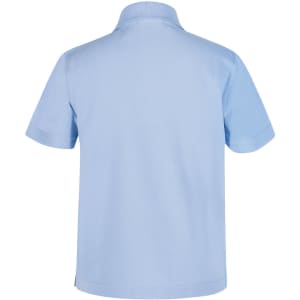 A light blue short-sleeved polo shirt featuring a collar and a logo.