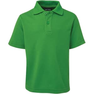 A vibrant green short-sleeve polo shirt featuring a collar and a logo.