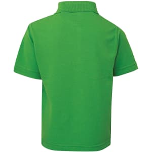 A green polo shirt with short sleeves and a classic collar, featuring a plain back design.