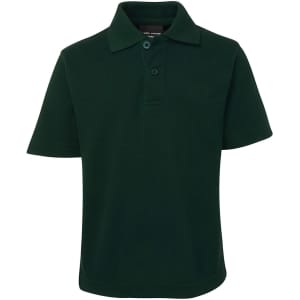 A dark green short-sleeve polo shirt with a collar and three-button placket, featuring a branding logo.