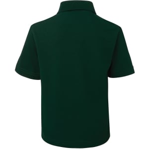 A green short-sleeved polo shirt with a collared neckline and a logo on the back.