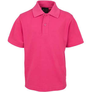 A pink polo shirt featuring a collar and short sleeves, with a logo on the chest.