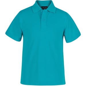 A turquoise polo shirt with a collared neckline and short sleeves. It features a button placket and a logo.