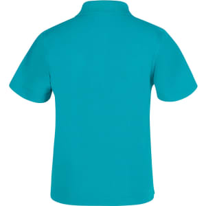 A turquoise polo shirt with short sleeves and a collar, featuring a logo on the front.
