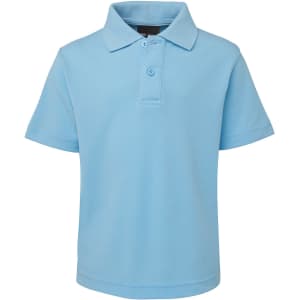 A light blue polo shirt with a collar and three buttons, featuring a logo on the label.