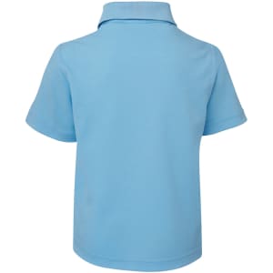 A light blue short-sleeved polo shirt with a collar and a logo. The back view is displayed.