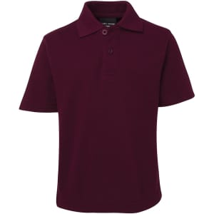 A burgundy short-sleeve polo shirt with a collar and three buttons, featuring a logo.