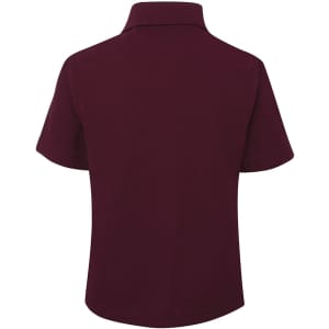 A maroon kids' short-sleeved polo shirt with a collar and an indistinct logo on the back.
