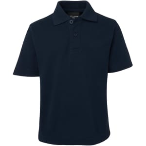 A navy blue short-sleeved polo shirt with a collared neck and three buttons at the front. It features a logo.