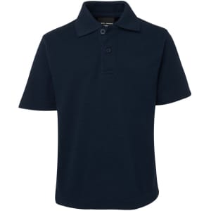 A dark navy polo shirt with a classic collar and short sleeves, featuring a three-button placket and a logo.