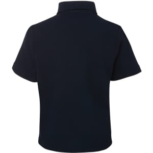 A navy blue children's short-sleeve polo shirt with a collar and a logo. The back view is displayed.