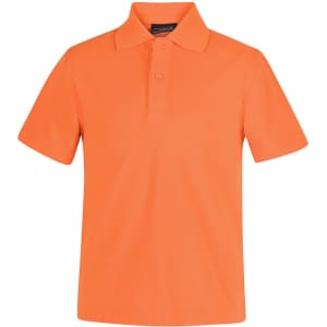 An orange short-sleeved polo shirt with a collared neckline and a logo.