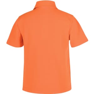 A short-sleeved polo shirt in bright orange, featuring a classic collar and a logo on the back.