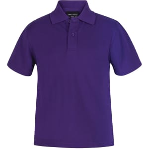 A purple polo shirt with a collar and button placket, featuring a logo on the chest.