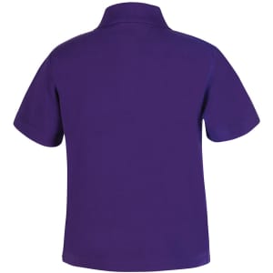 A purple polo shirt with a short sleeve design and a collar, featuring a logo.