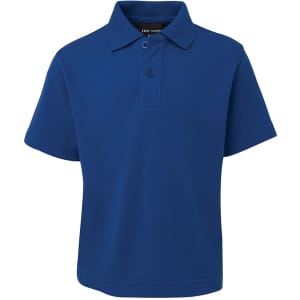 A blue short-sleeved polo shirt with a collar and a logo on the front.