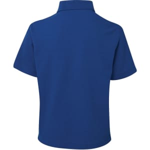 A blue short-sleeved polo shirt with a collar, featuring a branded logo on the back.