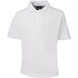 A white short-sleeved polo shirt featuring a collar and a logo.