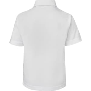 A white children's polo shirt with a collar and short sleeves, featuring a logo on the back.