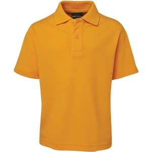 A bright yellow polo shirt with short sleeves and a classic collar, featuring a logo on the chest.