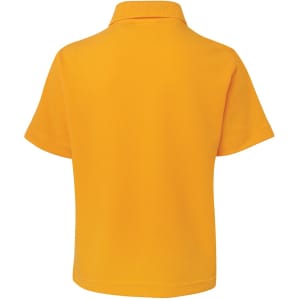 A short-sleeved polo shirt in bright yellow with a collar and a logo.