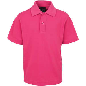 A bright pink polo shirt featuring a collar and two-button placket, with a logo on the label.