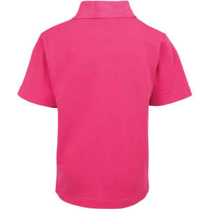 A pink polo shirt with short sleeves, featuring a collar and a logo on the back.