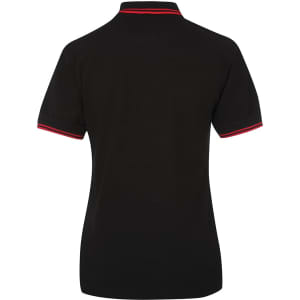A black polo shirt with contrast red detailing and a collar. It features a logo on the fabric.
