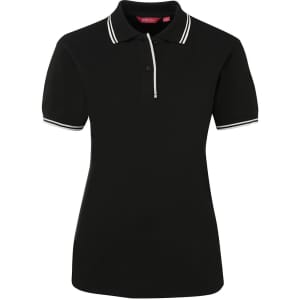 A black ladies' polo shirt featuring contrast white stripes on the collar and sleeve hems, with a logo present.