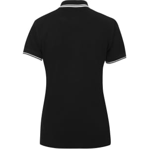 A black ladies' polo shirt featuring a contrast collar and sleeves, with a logo on the chest.