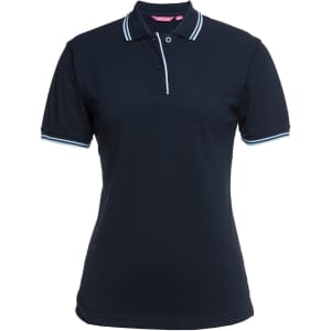 A navy blue polo shirt featuring contrast detailing and a collar, designed for women. It has a logo on it.