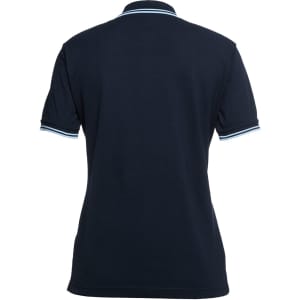 A navy blue ladies' polo shirt with contrast stripes on the collar and sleeves. It features a logo on the front.