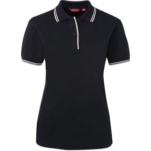 A black ladies' polo shirt with contrasting white trim on the collar and sleeves. It features a logo on the chest.