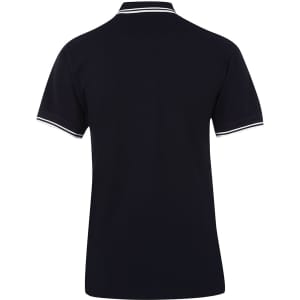 A black polo shirt with contrasting white stripes on the collar and sleeves. It features a logo.
