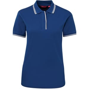 A ladies' polo shirt in navy blue with contrasting white stripes on the collar and sleeves. It features a logo.