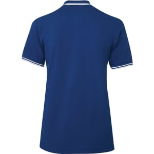 A blue ladies polo shirt with a contrast trim and a logo on the back.