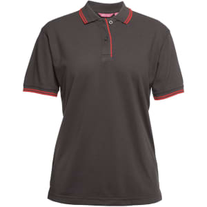 A ladies' polo shirt in dark grey with red contrast detailing on the collar and sleeves, featuring a logo.