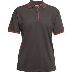 A dark grey polo shirt with red contrast details on the collar and sleeves. It features a logo on the chest area.