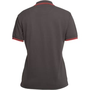 A dark grey polo shirt with red contrast detailing and a collar. It features a logo on the back.