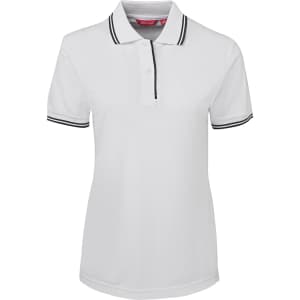 A white ladies' polo shirt with black contrast stripes on the collar and sleeves. It features a logo on the chest.