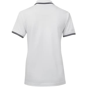 A white ladies' polo shirt featuring black contrast stripes on the collar and sleeves, with a logo on the front.