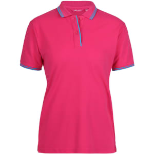 A pink ladies' polo shirt featuring contrasting blue trim and a logo on the collar.