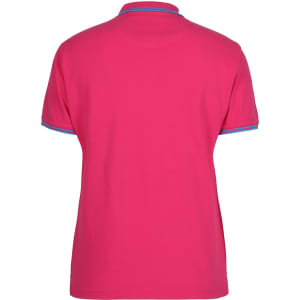 A pink polo shirt with contrast trim and a logo on the back. Suitable for casual or active wear.