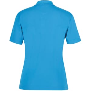 A blue women's polo shirt featuring a collar and short sleeves, with a branding logo on the back.