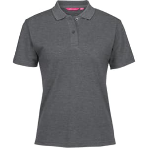A grey polo shirt featuring a classic collar and a logo on the chest. Short sleeves and a streamlined design.