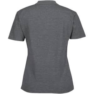 A grey ladies polo shirt featuring a classic design and a collar, with a branding logo on the back.