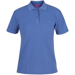 A blue polo shirt featuring a classic design with a collar and a three-button placket. It has a branding logo.
