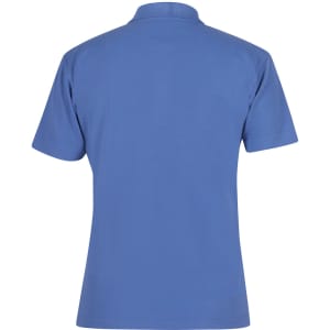 A blue polo shirt with a collar and short sleeves, featuring a logo on the back.