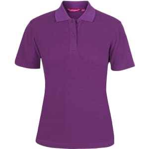 A purple women's polo shirt with a collared neck and short sleeves, featuring a logo.